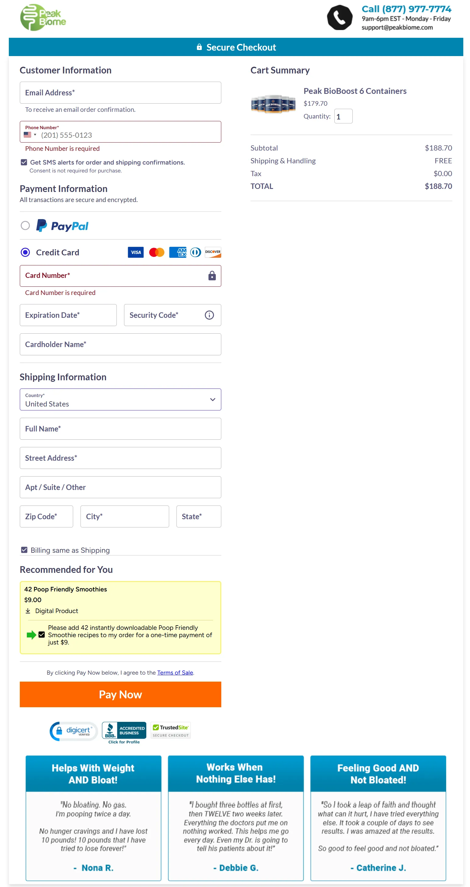 Peak BioBoost checkout page